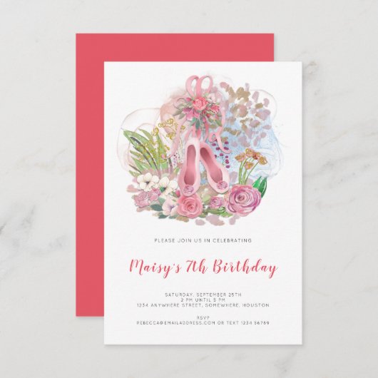バレエポンプ花模様ピンクガール7thバースデーパーティー 招待状 (正面/裏面)