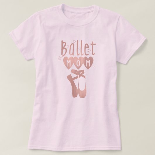 バレエママのピンク・ローズゴールドの星とハート Tシャツ (デザイン正面)