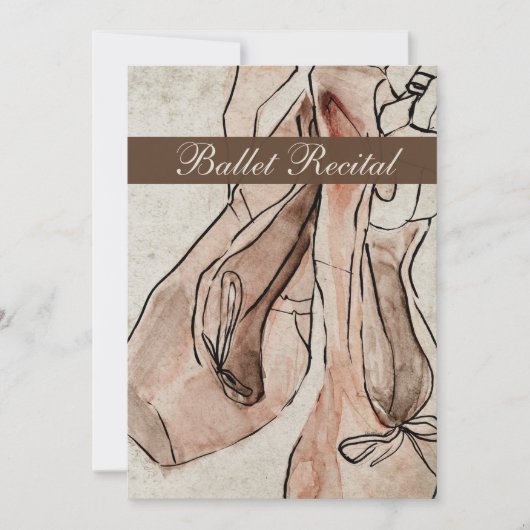 バレエリサイタル、ピンク・バレリーナ・スリッパー・ウォーターカラー 招待状 (正面)