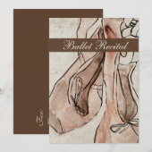バレエリサイタル、ピンク・バレリーナ・スリッパー・ウォーターカラー 招待状 (正面/裏面)