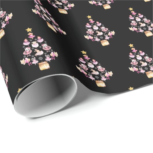 バレエ動物バレリーナのクリスマスツリー ラッピングペーパー (ロールコーナー)