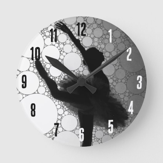 バレエ白黒踊りバレリーナ ラウンド壁時計 (正面)