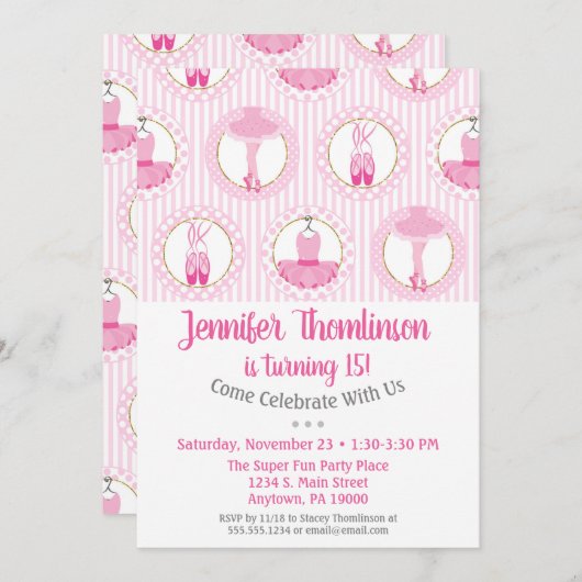 バレエ誕生日招待状ピンクバレリナダンサー 招待状 (正面/裏面)