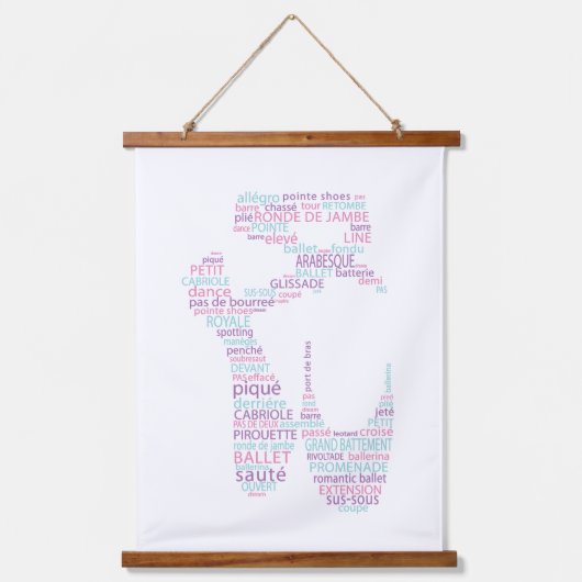 バレエ靴タイポグラフィピンクとアクア 吊り下げ型タペストリー (正面)