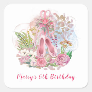 バレエ靴フラワーピンク女の子6th誕生日パーティー スクエアシール
