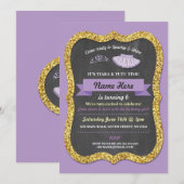 バレエ ティアラ チュチュ パープル グリッター 誕生日 招待状 (正面/裏面)