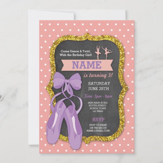 バレエ バースデーパーティー バレリーナ グリッター ご招待 招待状 (正面)