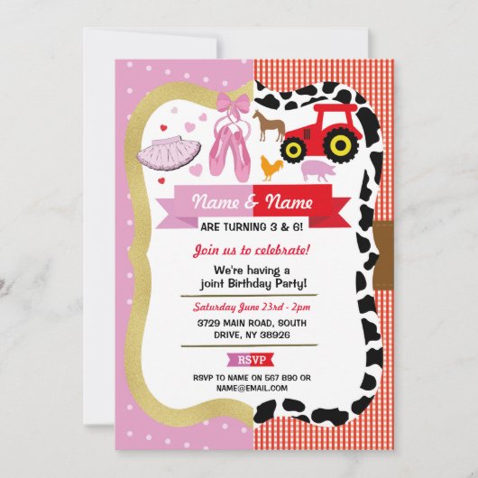 バレエ&ファームジョインボーイガール誕生日ピンクホース 招待状 (正面)