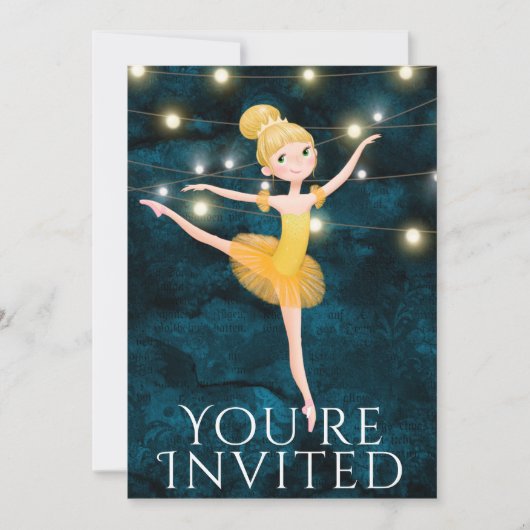 バレエ ブルーとイエローのブロンド バレリーナ 誕生日 招待状 (正面)