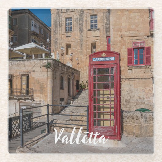 バレッタ・マルタの赤い電話ブース ガラスコースター (正面)