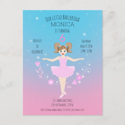 バレリかわいらしナガールバースデーパーティー インビテーションポストカード (正面)
