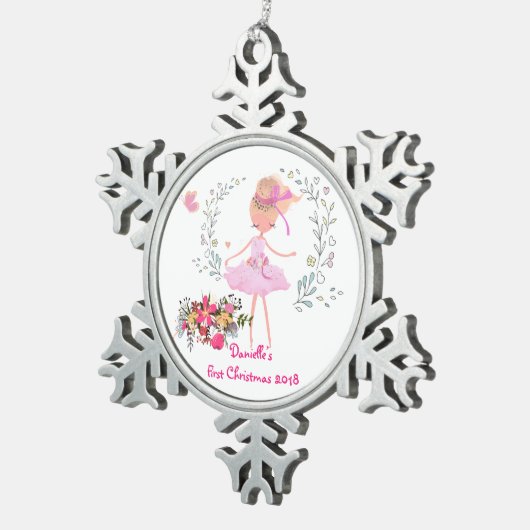 バレリかわいらしナデザインベビー初めてのクリスマス スノーフレークピューターオーナメント (右)
