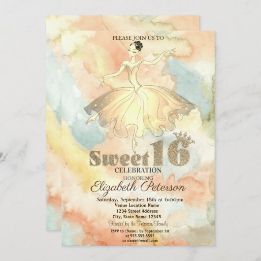 バレリエレガントナウォーターカラースプラッシュスウィート16 招待状 (正面/裏面)