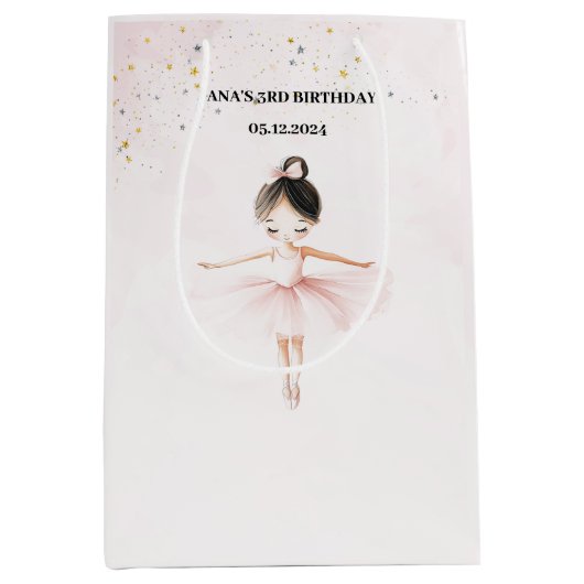 バレリエレガントナピンクバースデーパーティー ミディアムペーパーバッグ (正面)