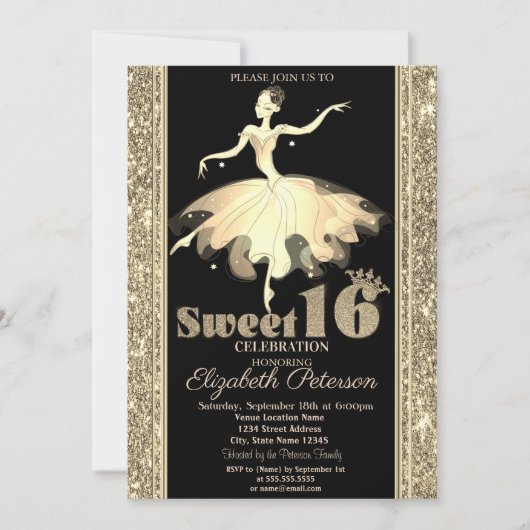 バレリエレガントナ金ゴールドグリッタースウィート16 招待状 (正面)