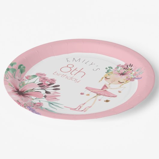 バレリエレガントーナ花模様ガール8thバースデーパーティー ペーパープレート (アングル)