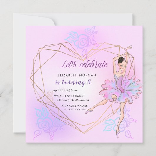 バレリナかわいらしパステルスクエア誕生日招待状 (正面)