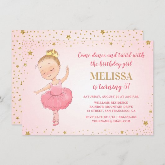 バレリナエレガントピンク金ゴールドグリッターガール誕生日 招待状 (正面/裏面)