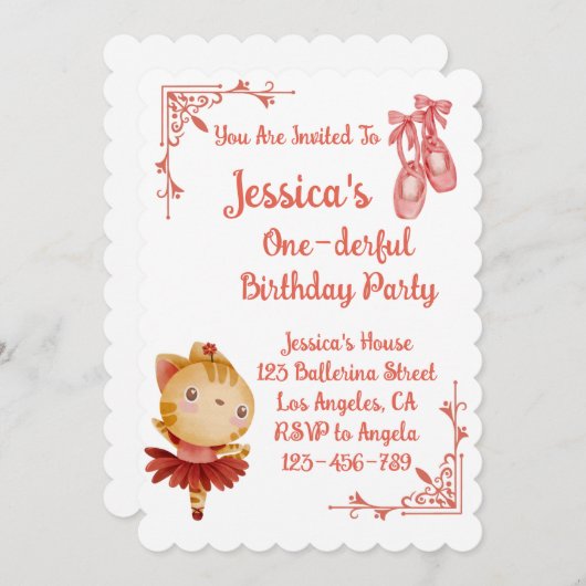 バレリナキャット子供の誕生日パーティー 招待状 (正面/裏面)