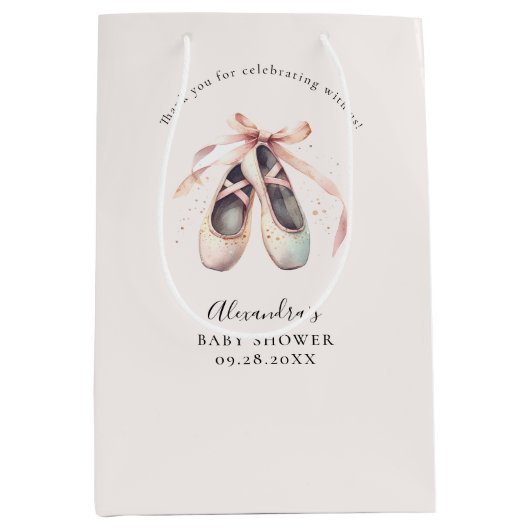 バレリナシューズピンクボウ金ゴールドベビーガールシャワー ミディアムペーパーバッグ (正面)