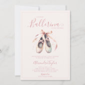 バレリナシューズピンク赤面金ゴールドベビーガールシャワー 招待状 (正面)
