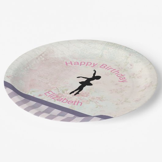 バレリナシルエットオンヴィンテージパターン誕生日 ペーパープレート (アングル)