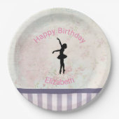 バレリナシルエットオンヴィンテージパターン誕生日 ペーパープレート (正面)