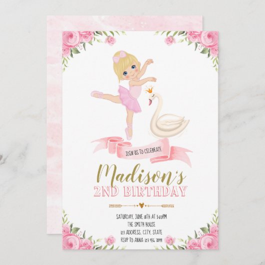 バレリナスワンツチュキュート誕生日パーティの招待状 招待状 (正面/裏面)