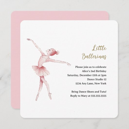 バレリナセンターステージ子供の誕生日パーティー 招待状 (正面/裏面)