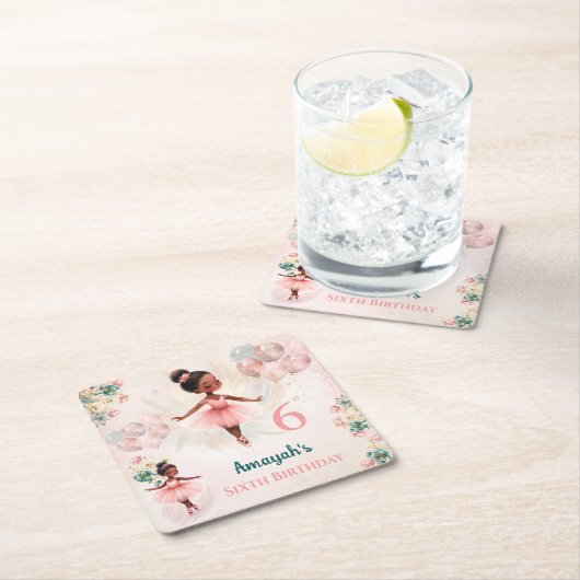 バレリナダークスキンピンクティール(緑がかった色)フローラ誕生日 スクエアペーパーコースター (インサイチュ)