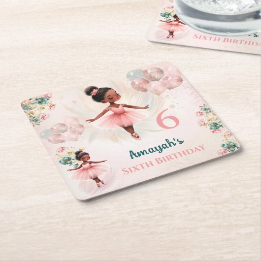 バレリナダークスキンピンクティール（緑がかった色）フローラ誕生日 スクエアペーパーコースター