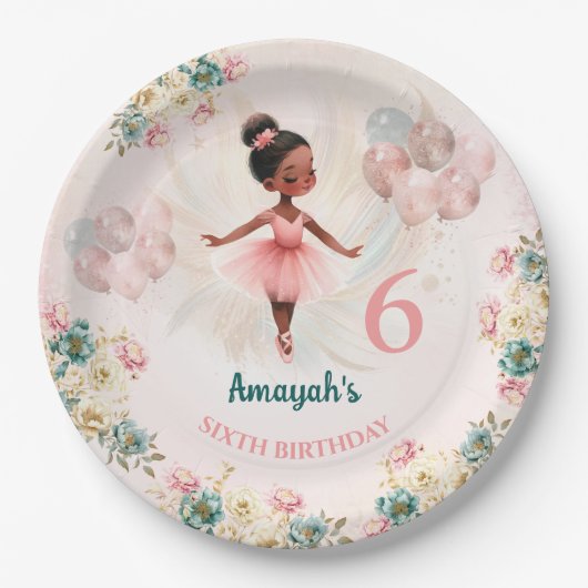 バレリナダークスキンピンクティール（緑がかった色）フローラ誕生日 ペーパープレート (正面)