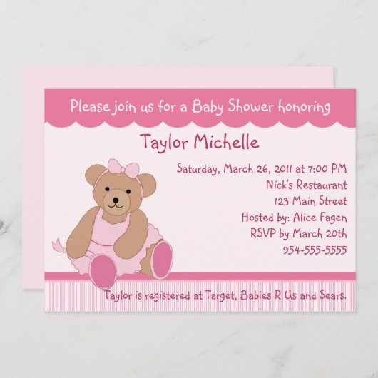 バレリナテディベアベビーシャワー招待状 招待状 (正面/裏面)