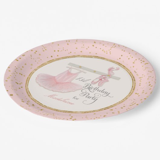 バレリナトゥトゥベビーガールファースト1歳の誕生日パーティー ペーパープレート (アングル)