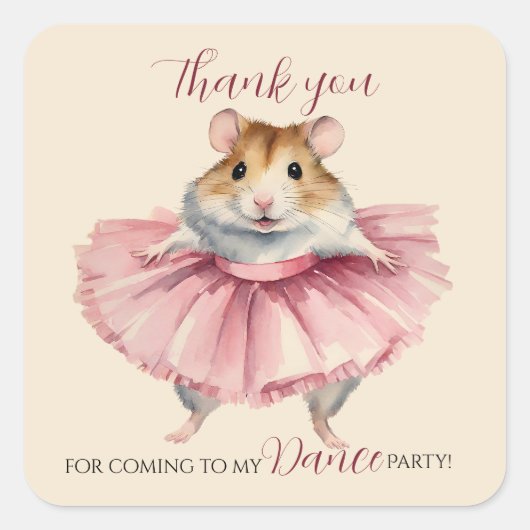 バレリナハムスター誕生日ダンスパーティーありがとう スクエアシール (正面)