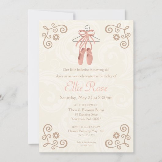 バレリナバレエシューズガール誕生日招待状 招待状 (正面)