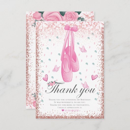 バレリナパステルピンクグリッター誕生日 サンキューカード (正面/裏面)