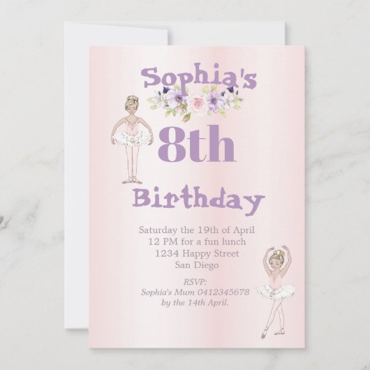 バレリナピンクキュートエイジ誕生日 招待状 (正面)