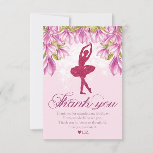 バレリナピンクグリッター誕生日 サンキューカード (正面)