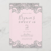 バレリナピンクシルバーグリッターレーススウィート16パーティー 招待状 (正面/裏面)