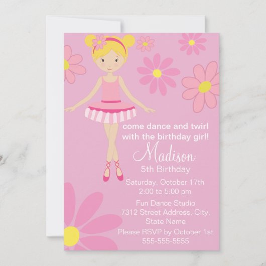 バレリナピンクダンスパーティー誕生日招待状 招待状 (正面)
