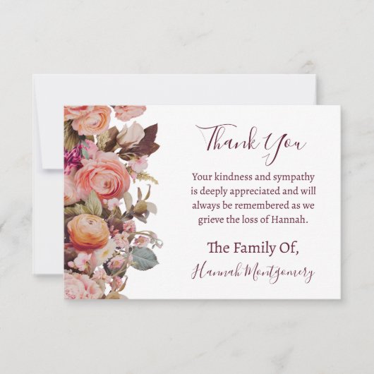 バレリナピンクフローラ葬儀悔やみや弔慰ありがとう ノートカード (正面)