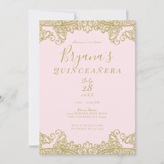 バレリナピンク金ゴールドグリッターレースキンセアニラ 招待状 (正面)