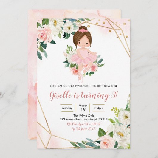 バレリナブロンドガールピンク金ゴールドフローラ招待状 招待状 (正面/裏面)