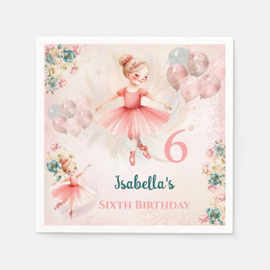 バレリナブロンドピンクティール(緑がかった色)フローラガーリー誕生日 スタンダードカクテルナプキン (正面)