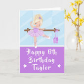 バレリナブロンドヘアガールパープルハッピーバースデーC カード (黄色い花)