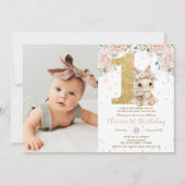 バレリーナうさぎのピンクの1歳の誕生日フォト 招待状 (正面)