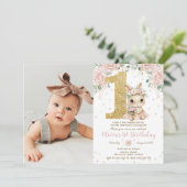 バレリーナうさぎのピンクの1歳の誕生日フォト 招待状 (スタンド正面)