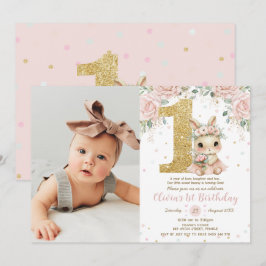 バレリーナうさぎのピンクの1歳の誕生日フォト 招待状