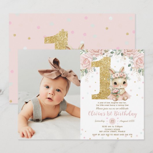 バレリーナうさぎのピンクの1歳の誕生日フォト 招待状 (正面/裏面)